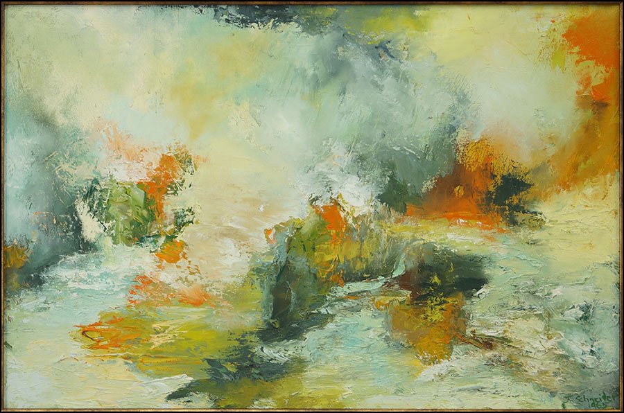 JANE SCHNEIDER (AMERICAN, 1932-2006) UNTITLED ABSTRACT.: JANE SCHNEIDER (AMERICAN, 1932-2006) UNTITLED ABSTRACT. Sight: 19.5" x 29.5" Frame: 25" x 35" $300/$500 Oil on canvas, signed and dated '65, LR