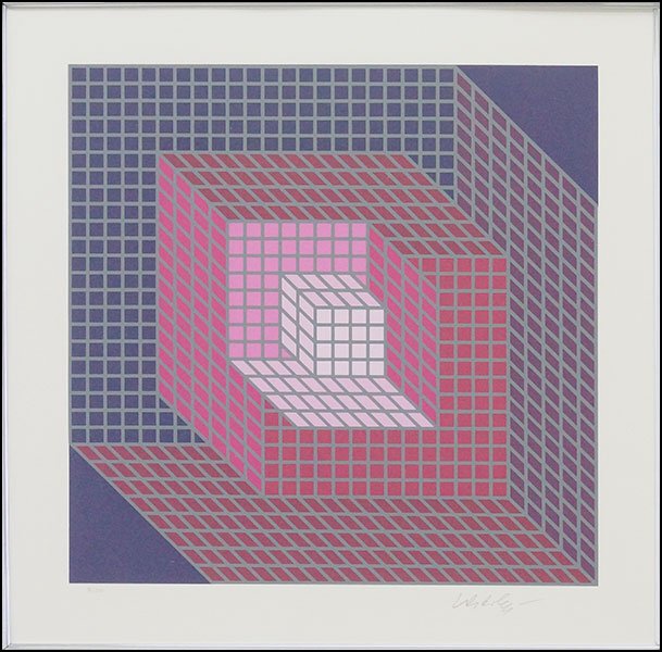 VICTOR VASARELY (HUNGARIAN, 1908-1997) AXOMETT. Sight:: VICTOR VASARELY (HUNGARIAN, 1908-1997) AXOMETT. Sight: 14.5" x 14.5" Frame: 28" x 28" $200/$400 Serigraph, numbered '96/300' LL and signed LR