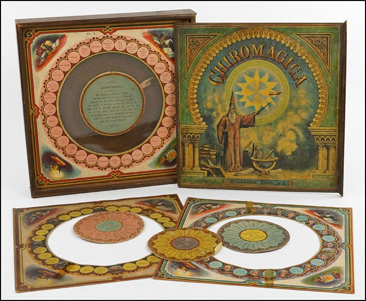 MCLOUGHLIN BROS. CHIROMAGICA GAME. 11.75'' x 12'' x 2'': MCLOUGHLIN BROS. CHIROMAGICA GAME. 11.75'' x 12'' x 2'' $150/$250 Contained in its original wooden box. Circa 1879. Includes three themed 'answer inserts' and a two corresponding double-sided question