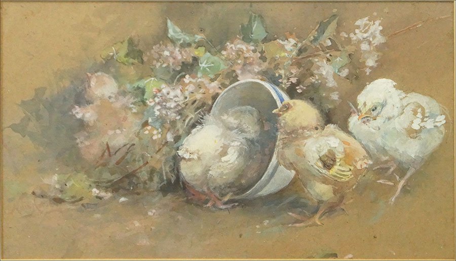 NELLY HARVEY (SCOTTISH, FL. 1877-1894) STUDY OF CHICKS: NELLY HARVEY (SCOTTISH, FL. 1877-1894) STUDY OF CHICKS AMONG FOLIAGE WITH A BLUE CUP.Watercolor on paper, bearing Marshall Field & Co. label en versoSight: 6.5" x 11.5" Frame: 12.5" x 17.5"