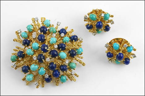 A DIAMOND, TURQUOISE, LAPIS AND 18 KARAT YELLOW GOLD: A DIAMOND, TURQUOISE, LAPIS AND 18 KARAT YELLOW GOLD DEMI-PAURURE. Wt: 48.9 grams $2,000/$3,000 Comprising a clip brooch and pair of earrings. Brooch is set with 16 oval cabochon lapis, 16 oval