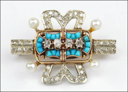 A LATE 19TH / EARLY 20TH CENTURY DIAMOND BROOCH. 1.25": A LATE 19TH / EARLY 20TH CENTURY DIAMOND BROOCH. 1.25" x 1" Wt: 6.3 grams $300/$500 Mounted with turquoise, diamonds, and four cultured pearls (approximately 3.5mm)