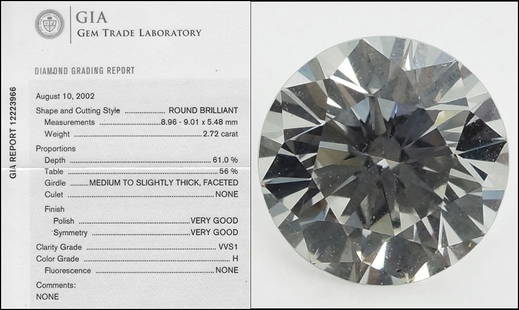 AN UNMOUNTED ROUND BRILLIANT DIAMOND. $40,000/$60,000: AN UNMOUNTED ROUND BRILLIANT DIAMOND. $40,000/$60,000 Accompanied by GIA report 12223966 stating the diamond is VVS1 clarity, H color, and 2.72 carats. Diamond dimensions: 8.96mm x 9.01mm x 5.48mm.