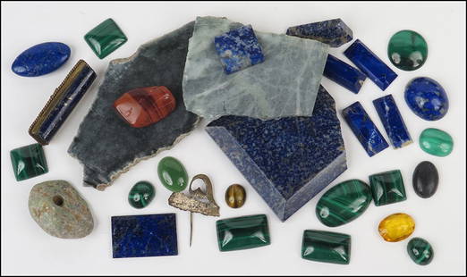 A COLLECTION OF SEMI-PRECIOUS STONE FRAGMENTS. $50/$100: A COLLECTION OF SEMI-PRECIOUS STONE FRAGMENTS. $50/$100 Comprised of malachite, lapis, sodalite, and other