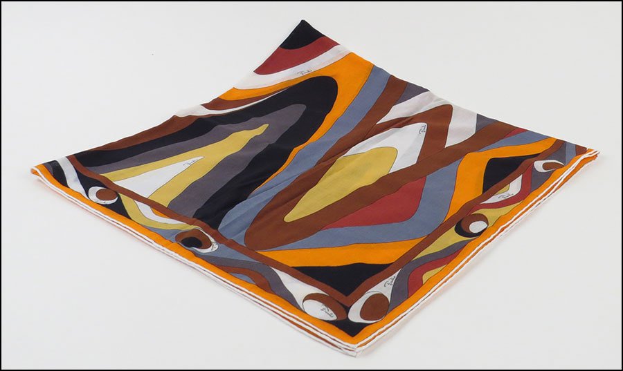 AN EMILIO PUCCI PRINTED COTTON SCARF. 34" x 34": AN EMILIO PUCCI PRINTED COTTON SCARF. 34" x 34" $75/$125