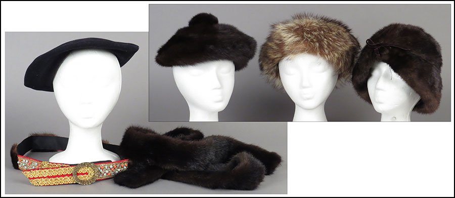 GROUP OF THREE FUR HATS. $75/$125 One 'Saks Fifth: GROUP OF THREE FUR HATS. $75/$125 One 'Saks Fifth Avenue,' one 'Lenox Marshall,' one unlabeled. Together with a Alcazar wool beret, a fur belt, and a belt bearing gilded threading and fur trim