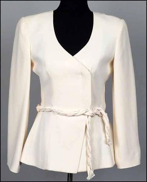 GIORGIO ARMANI CREAM SILK JACKET. Size 44 $100/$200: GIORGIO ARMANI CREAM SILK JACKET. Size 44 $100/$200 Bearing a braided rope self belt. With a silk lining