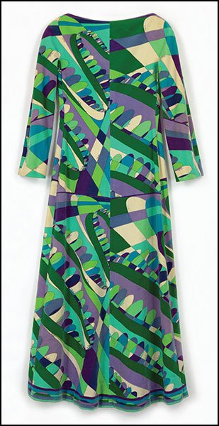 EMILIO PUCCI VELVET MAXI DRESS. Size 8 $200/$400: EMILIO PUCCI VELVET MAXI DRESS. Size 8 $200/$400 Bearing long sleeves. With a green, teal, blue, purple, and white motif and "Emilio' in print. Lined. White label, reading "Florence Italy"