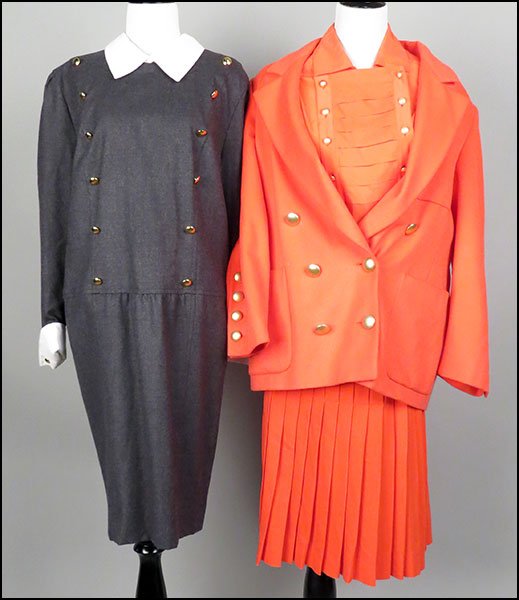 ESCADA CORAL KNIT BLEND THREE-PIECE ENSEMBLE. $75/$125: ESCADA CORAL KNIT BLEND THREE-PIECE ENSEMBLE. $75/$125 Comprised of a blouse, a skirt, and a jacket (size 42 and 44). Together with an Escada gray knit dress (size 44)