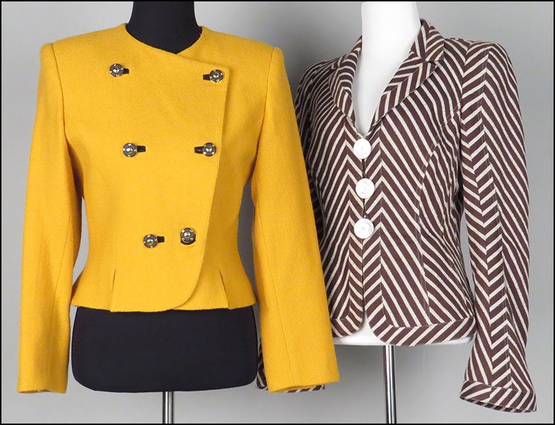 TWO WOMEN'S KNIT DRESS JACKETS. Nipon size 6 $100/$200: TWO WOMEN'S KNIT DRESS JACKETS. Nipon size 6 $100/$200 Comprised of one Albert Nipon Suits jacket and one Giorgio Armani striped cotton blend blazer (size 8)