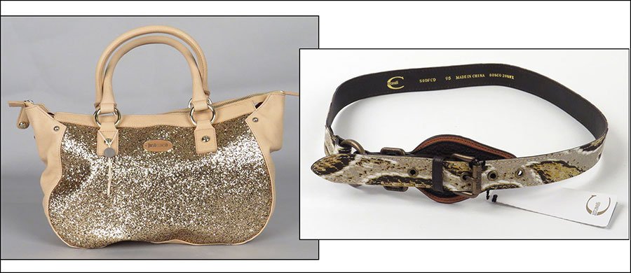 A JUST CAVALLI LEATHER HANDBAG. Handbag: 10.5'' x 15'': A JUST CAVALLI LEATHER HANDBAG. Handbag: 10.5'' x 15'' x 4.5'' $75/$125 Bearing a glitter front. With two handles. Interior is lined in signature 'Just Cavalli' nylon. Together with a snakeskin printe