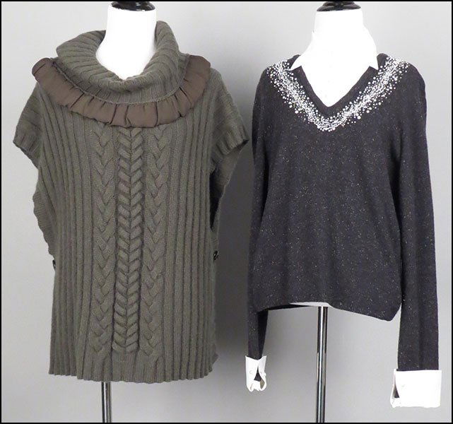TWO ESCADA TWO-PIECE ENSEMBLES. All size 44 $75/$125: TWO ESCADA TWO-PIECE ENSEMBLES. All size 44 $75/$125 Comprised of a forest green sweater/suede skirt set and a gray sweater/pant set. Gray sweater bears beaded embellishments on the neck and an attach
