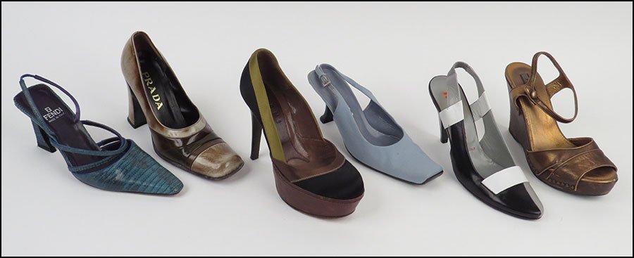 GROUP OF WOMEN'S DESIGNER SHOES. $100/$150 Comprised of: GROUP OF WOMEN'S DESIGNER SHOES. $100/$150 Comprised of Marni satin and leather heels (size 35.5), Miu Miu black and white leather slingbacks (size 36), Prada blue canvas slingbacks (size 36), Prada b