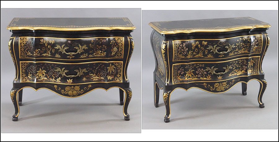 A PAIR OF JOHN WIDDICOMB TWO-DRAWER BOMBE COMMODES.: A PAIR OF JOHN WIDDICOMB TWO-DRAWER BOMBE COMMODES. Black and gilt painted, with chinoiserie decoration 31'' x 40'' x 17''