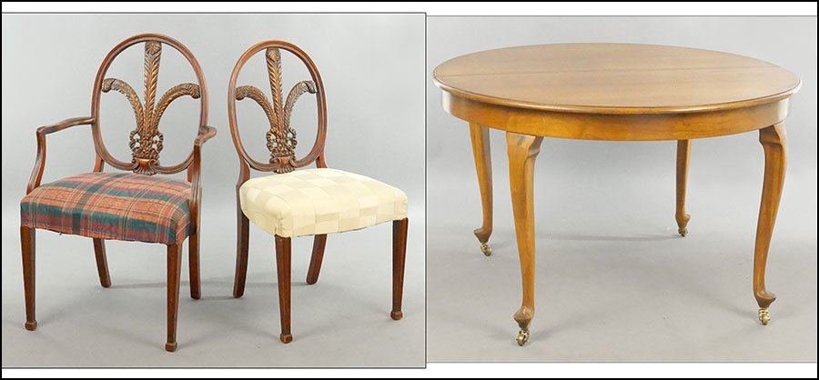 GROUP OF SIX HEPPLEWHITE STYLE CARVED WOOD DINING: GROUP OF SIX HEPPLEWHITE STYLE CARVED WOOD DINING CHAIRS. Bearing feather plume and bow form backs with upholstered seats. Comprised of two armchairs with striped upholstery (back H: 39'') and four si