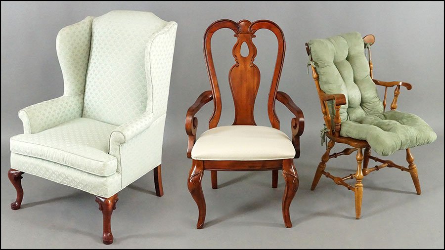 GROUP OF THREE CHAIRS.: GROUP OF THREE CHAIRS. Comprised of a Sam Moore wingback upholstered chair, a mahogany upholstered armchair bearing a 'Legacy Classic Furniture' label (Back H: 41.25''), and a barrelback chair with up