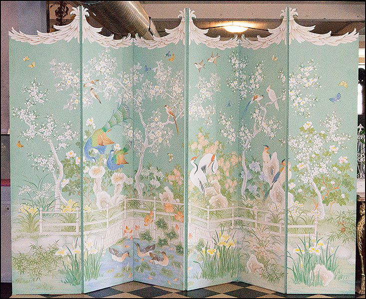 A ROBERT CROWDER PAINTED SIX-PANEL SCREEN.: A ROBERT CROWDER PAINTED SIX-PANEL SCREEN. Signed lower right, on the far right panel. With a seal mark. Depicting birds and a foliate motif throughout Single panel H: 100'' W: 24''