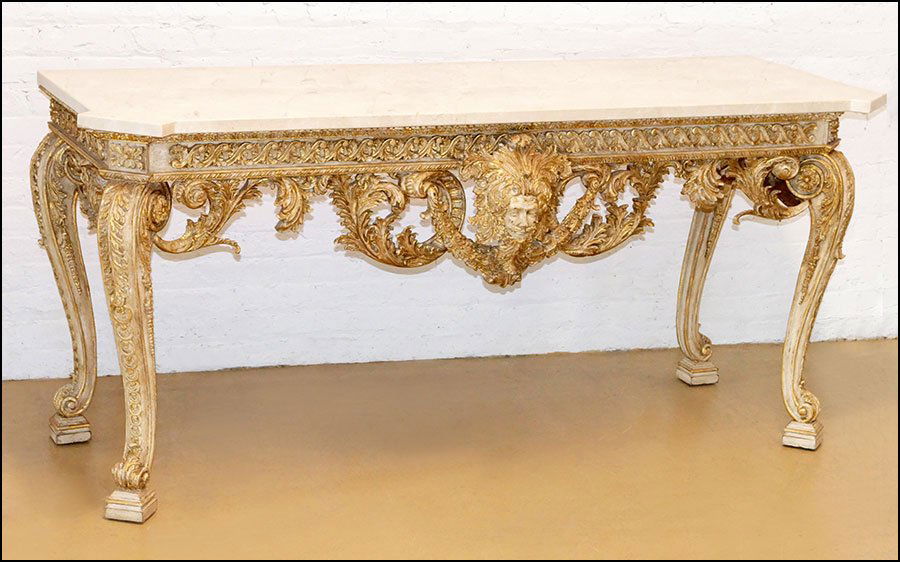 A WILLIAM KENT HALL/CONSOLE TABLE.: A WILLIAM KENT HALL/CONSOLE TABLE. Bearing a marble top and a giltwood base 34'' x 77'' x 27.5''