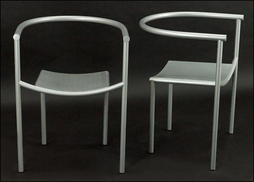 A PAIR OF PHILIPPE STARCK VON VOGELSANG STEEL CHAIRS.: A PAIR OF PHILIPPE STARCK VON VOGELSANG STEEL CHAIRS. Labeled "Aleph" underneath H: 28" W: 21" D: 19"