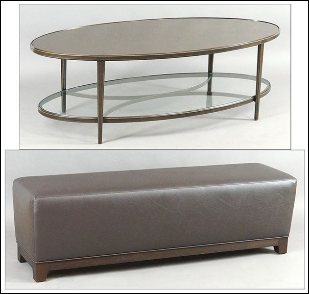 A PATINATED METAL TWO-TIER MIRRORED TOP COFFEE TABLE.: A PATINATED METAL TWO-TIER MIRRORED TOP COFFEE TABLE. Of oval form. With a mirror shelf beneath. Together with a contemporary upholstered bench (17'' x 60'' x 16'') 18.5'' x 57'' x 28''