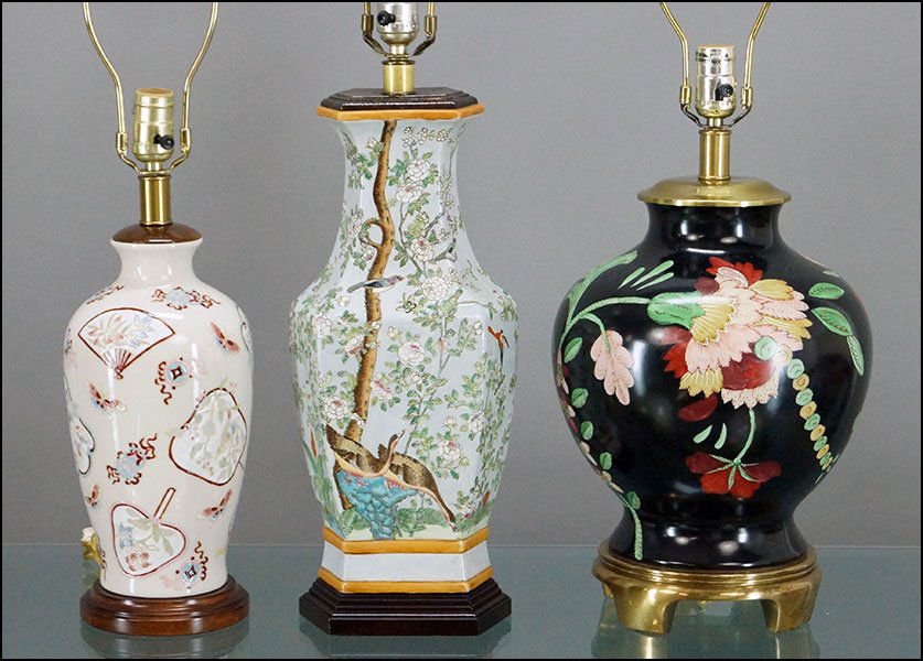 GROUP OF THREE PAINTED TABLE LAMPS.: GROUP OF THREE PAINTED TABLE LAMPS. Comprised of a Chinese porcelain lamp, a painted ceramic lamp, and a Frederick Cooper painted ceramic lamp bearing a floral decoration. All raised on various bases