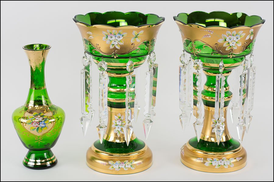 PAIR OF GILT EMERALD BOHEMIAN GLASS LUSTRE.: PAIR OF GILT EMERALD BOHEMIAN GLASS LUSTRE. With leaded glass prisms and applied painted porcelain flowers. Together with a painted & gilt emerald glass vase Lustre: 13" x 8"