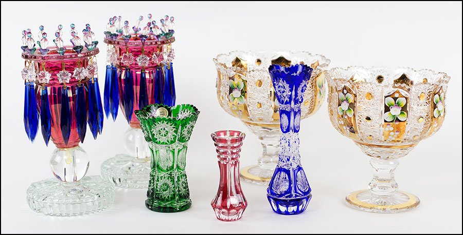 PAIR OF GILT ACCENTED BOHEMIAN GLASS COMPOTES.: PAIR OF GILT ACCENTED BOHEMIAN GLASS COMPOTES. Bearing applied and painted flowers. Together with a pair of molded glass lustres and three cut to clear bud vases Gilt Compotes: 6" x 6"