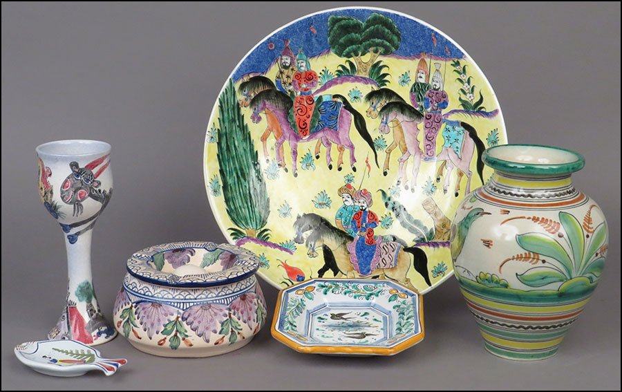COLLECTION OF PAINTED CERAMIC AND PORCELAIN TABLE: COLLECTION OF PAINTED CERAMIC AND PORCELAIN TABLE ARTICLES. Comprised of a French Henriot Quimper fish form dish signed beneath, a hexagonal dish signed illegibly beneath, a Spanish 'Sanguino' signed