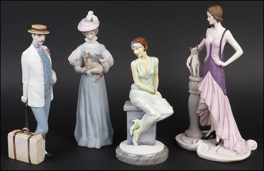 GROUP OF FOUR FIGURES.: GROUP OF FOUR FIGURES. Comprised of a Coalport 'Roaring Twenties: Kitty' figure, two Royal Dux figures made in the Czech Republic--one of a man with a pocketwatch, one of a lady carrying a dog, and a