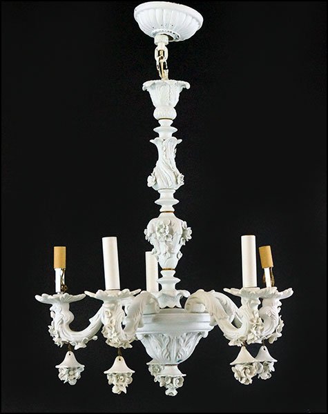 A CAPODIMONTE PORCELAIN FIVE-LIGHT CHANDELIER.: A CAPODIMONTE PORCELAIN FIVE-LIGHT CHANDELIER. Bearing applied porcelain flowers througout and five arms that plug into the base with one dangling flower each 20" x 18"