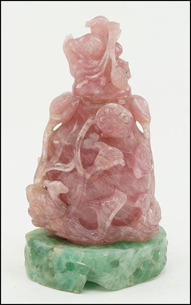 A ROSE QUARTZ AND ADVENTURINE CARVED URN FORM.: A ROSE QUARTZ AND ADVENTURINE CARVED URN FORM. In two pieces. Top of urn is attached Total H: 10''