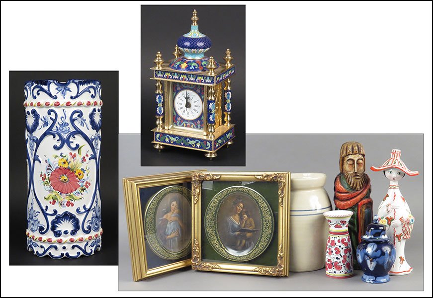 A GROUP OF DECORATIVE ITEMS.: A GROUP OF DECORATIVE ITEMS. Comprising a cloissone shelf clock, a carved wood figural box, a ceramic carafe, a lidded jar, a crock, a painted ceramic figure of a woman with flowers, and a ceramic umb