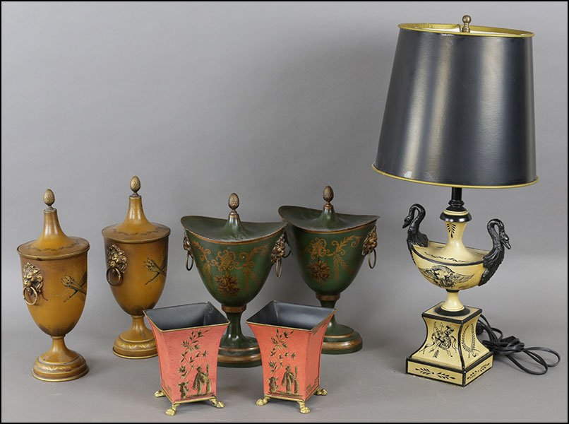 COLLECTION OF PAINTED TOLE WARE.: COLLECTION OF PAINTED TOLE WARE.