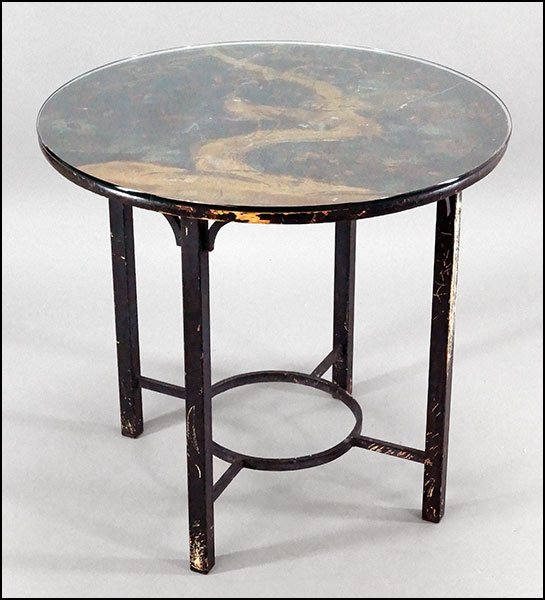 A LACQUERED AND GILT PAINTED WOOD CHINESE TABLE.: A LACQUERED AND GILT PAINTED WOOD CHINESE TABLE. Depicting birds on trees. With a glass top Table H: 27'' Diameter: 29.5''
