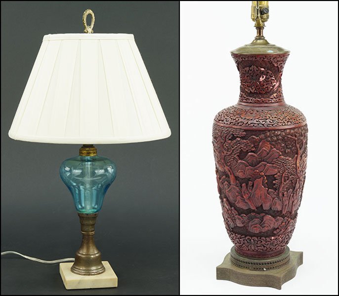 CHINESE CINNABAR VASE FITTED AS A TABLE LAMP.: CHINESE CINNABAR VASE FITTED AS A TABLE LAMP. Raised on a patinated metal filigree base. Lamp depicting cultural scenes. Together with a glass table lamp (H: 11'') H: 18''