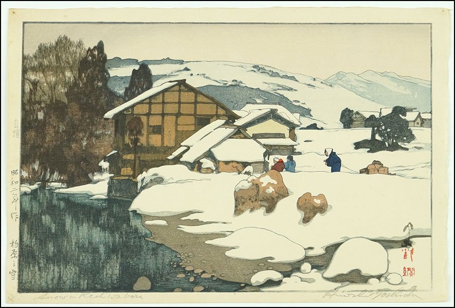 HIROSHI YOSHIDA (JAPANESE, 1876-1950) SNOW IN: HIROSHI YOSHIDA (JAPANESE, 1876-1950) SNOW IN KASHIWABARA. Woodblock print. Pencil signed LR, bearing a series of character stamps on the left margin, and red character stamps LR. Unframed Sheet: 10.7