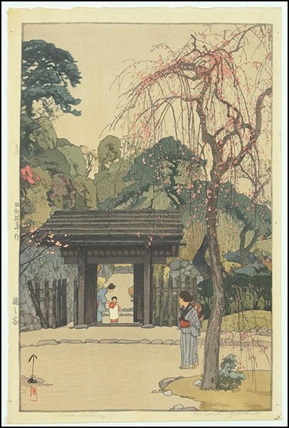 HIROSHI YOSHIDA (JAPANESE, 1876-1950) PLUM GATEWAY.: HIROSHI YOSHIDA (JAPANESE, 1876-1950) PLUM GATEWAY. Woodblock. Pencil signed LR, bearing charater marks on the left margin, and publisher marks LL Sheet: 15.75" x 10.5"