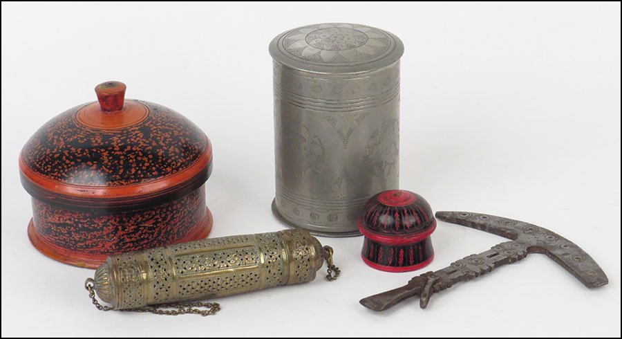 INDONESIAN PEWTER TEA CANISTER.: INDONESIAN PEWTER TEA CANISTER. Together with two Afghan wood boxes, and Indian censer, and an Afghan Chkosh Height: 4.5" x diameter: 3.5"