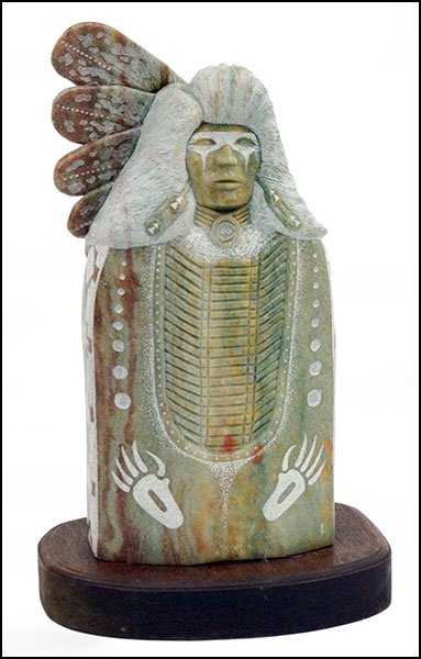 FRANKLIN FOSTER (AMERICAN, 20TH CENTURY) NATIVE: FRANKLIN FOSTER (AMERICAN, 20TH CENTURY) NATIVE AMERICAN WARRIOR. Carved stone sculpture, signed on back of 2" wood base Stone: 16" x 7.5" x 4"