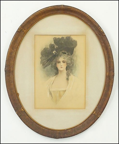 LEON MORAN (AMERICAN, 1864-1941) PORTRAIT OF A LADY.: LEON MORAN (AMERICAN, 1864-1941) PORTRAIT OF A LADY. Watercolor on paper. Signed and dated '95 along the lower edge. Contained in an oval frame Sight: 13" x 8.5" Frame: 23" x 18.5"