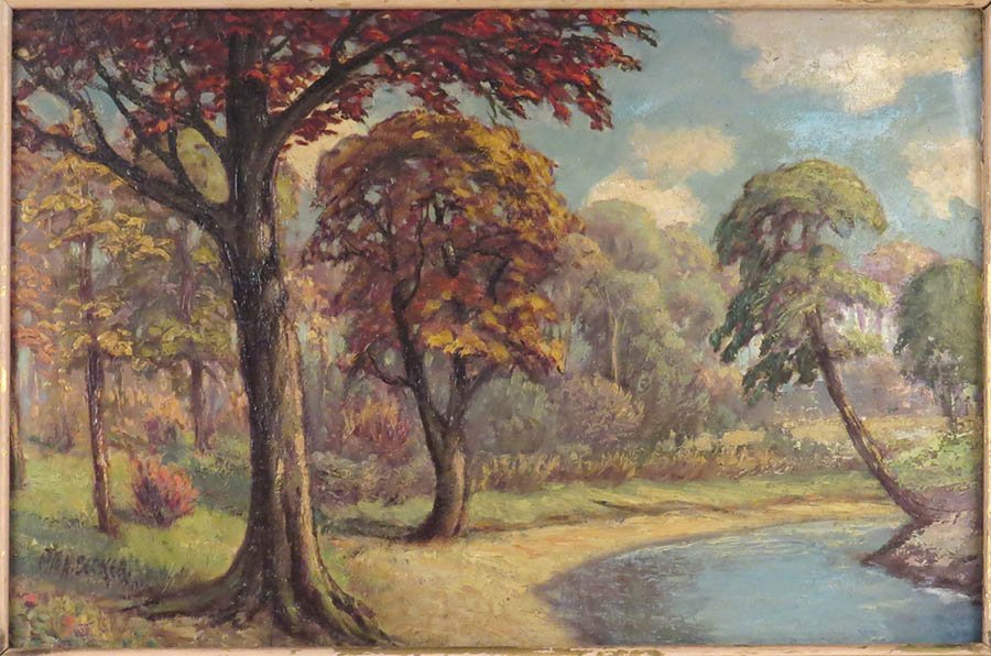OTTO BECKER (1854-1945) TREES BESIDE THE LAKE.: OTTO BECKER (1854-1945) TREES BESIDE THE LAKE. Oil on canvas. Signed LL. Provenance: Kellar and Kellar Antiques, Oak Park. Frame: 34" x 25" Board: 18" x 27"
