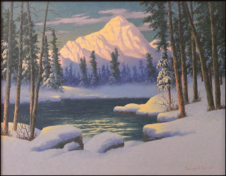 RICHARD KRUGER (AMERICAN/GERMAN, 19TH/20TH CENTURY): RICHARD KRUGER (AMERICAN/GERMAN, 19TH/20TH CENTURY) SNOWY MOUNTAIN AT SUNSET. Oil on canvas. Signed LR. Frame: 32" x 39". Provenance: Kellar and Kellar Antiques, Oak Park Canvas: 28" x 36"