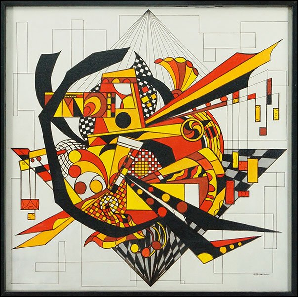 MARSHALL (20TH CENTURY) GEOMETRIC COMPOSITION.: MARSHALL (20TH CENTURY) GEOMETRIC COMPOSITION. Acrylic on canvas. Signed LR. Frame: 37.5" x 37.5" Canvas: 36" x 36"