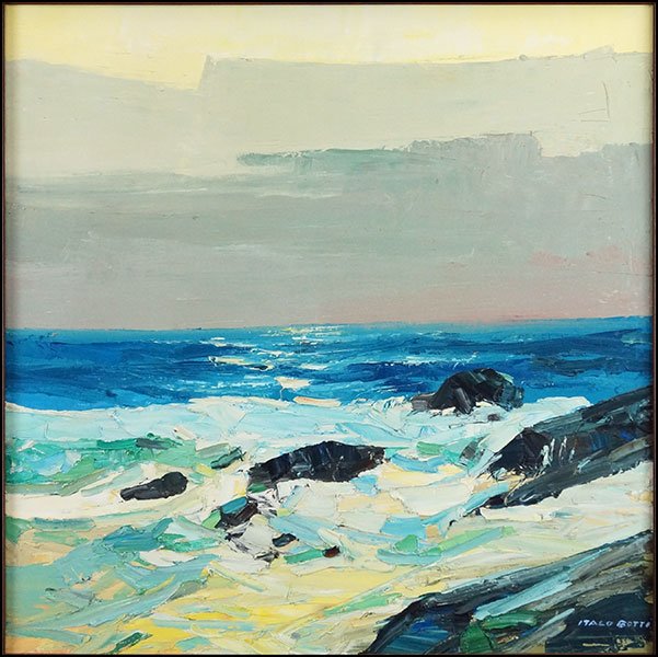ITALO BOTTI (AMERICAN, 1923-2003) ROCKY COAST.: ITALO BOTTI (AMERICAN, 1923-2003) ROCKY COAST. Oil on canvas. Signed "Italo Botti" LR. With a Merrill Chase C.O.A. en verso 36" x 36"
