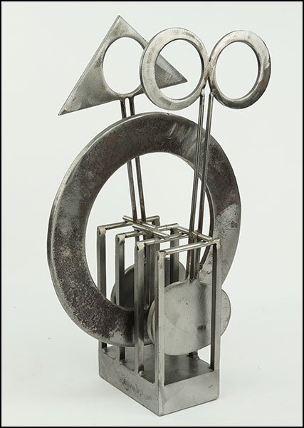BRUCE STILLMAN (AMERICAN, B. 1958) A KINETIC SCULPTURE.: BRUCE STILLMAN (AMERICAN, B. 1958) A KINETIC SCULPTURE. A steel welded frame with three rotating elements. Base is signed and dated "Stillman 80" Overall: 19.5" x 13" x 7"