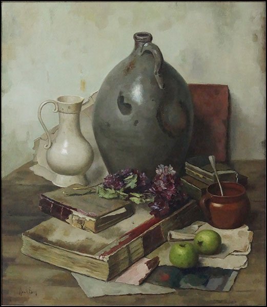 HENK BOS (DUTCH, 1901-1979) STILL LIFE APPLES AND: HENK BOS (DUTCH, 1901-1979) STILL LIFE APPLES AND LILACS. Oil on canvas. Signed "Henk Bos" LL Canvas: 31" x 27.5"