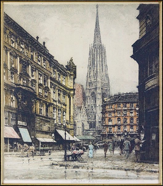 LUIGI KASIMIR (AUSTRIAN, 1881-1962) ST. STEPHEN VON: LUIGI KASIMIR (AUSTRIAN, 1881-1962) ST. STEPHEN VON GRABEN, VIENNA, AUSTRIA. Etching. Signed LM. Frame: 23" x 20.5" Sight: 15.25" x 13.25"