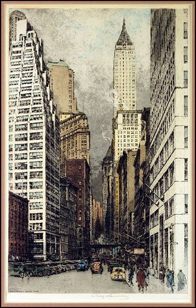 LUIGI KASIMIR (AUSTRIAN, 1881-1962) WALL STREET APRIL,: LUIGI KASIMIR (AUSTRIAN, 1881-1962) WALL STREET APRIL, 1936. Etching. Pencil Signed LM. Frame: 28" x 20" Sight: 19" x 12"