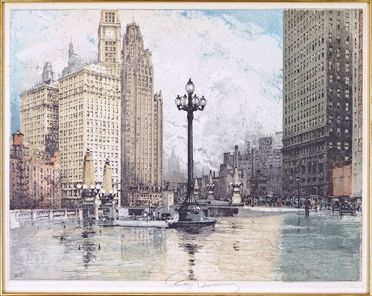 LUIGI KASIMIR (AUSTRIAN, 1881-1962) WRIGLEY BUILDING.: LUIGI KASIMIR (AUSTRIAN, 1881-1962) WRIGLEY BUILDING. Etching. Pencil signed LM. Frame: 23" x 27" Sight: 15" x 18"