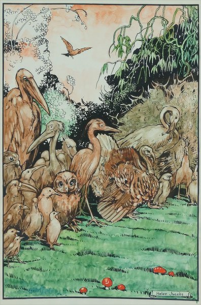 HELEN JACOBS (AMERICAN, 1888â€“1970) BIRDS.: HELEN JACOBS (AMERICAN, 1888â€“1970) BIRDS. Ink and watercolor on paper. Signed LR. Unframed. Mounted in a mat board Sheet: 15.5" x 11"